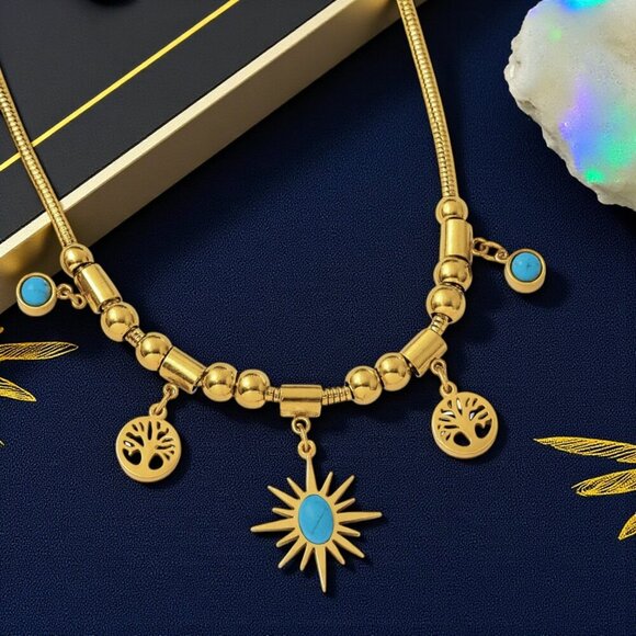 🆕18K Gold Plated Stainless Steel Turquoise Necklace Sun Tree Of Life Charms - Picture 10 of 13